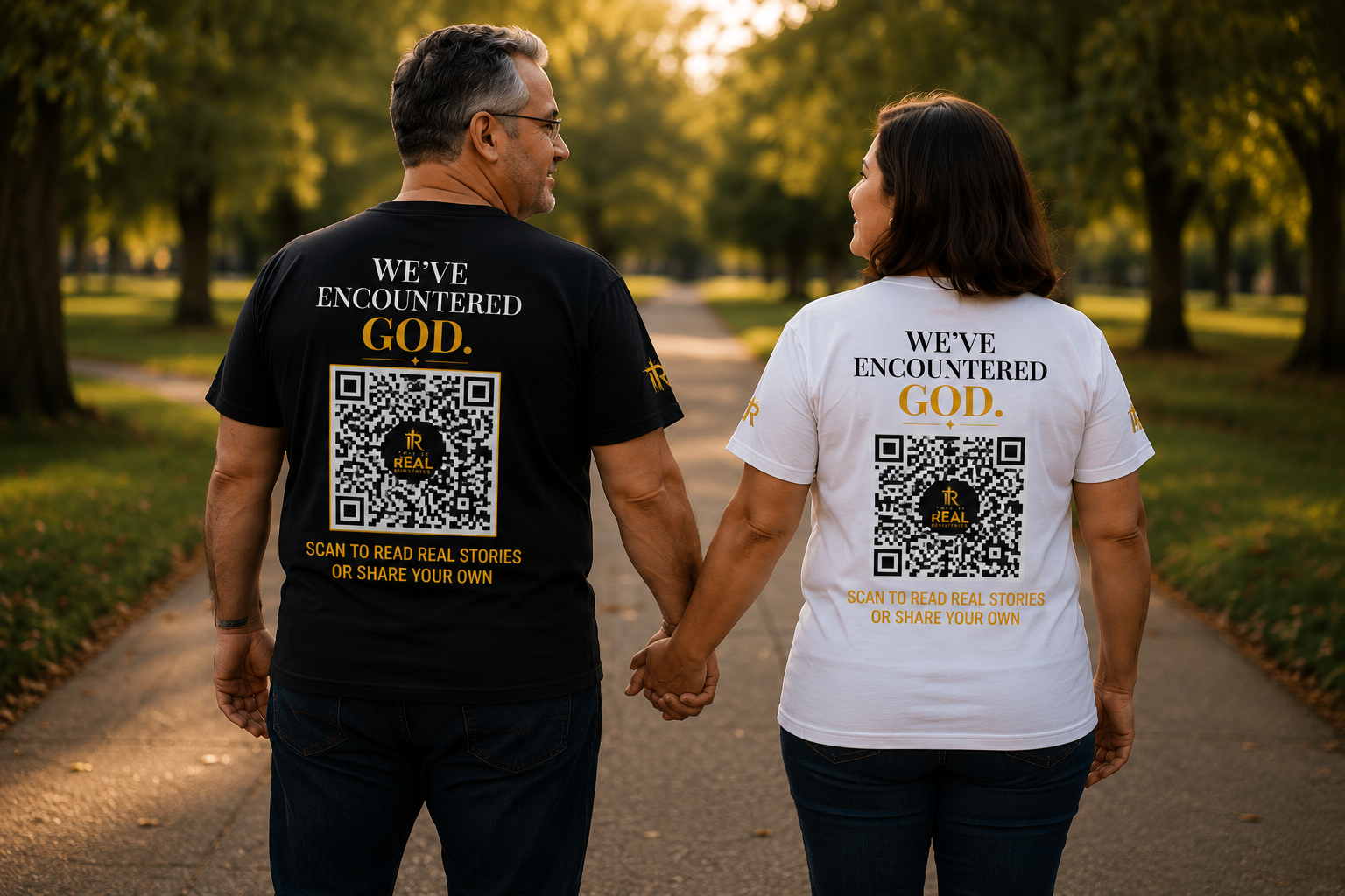 Couple wearing 'We've Encountered God' shirts with QR codes